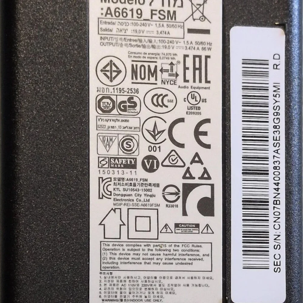 A6619_FSM - Genuine Samsung 66W 19V 3.47A 6.0x4.4mm Tip AC Adapter Power Supply